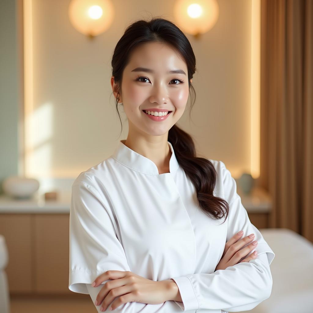Dong phục spa thẩm mỹ viện màu trắng tinh tế, tạo cảm giác thư giãn và chuyên nghiệp.
